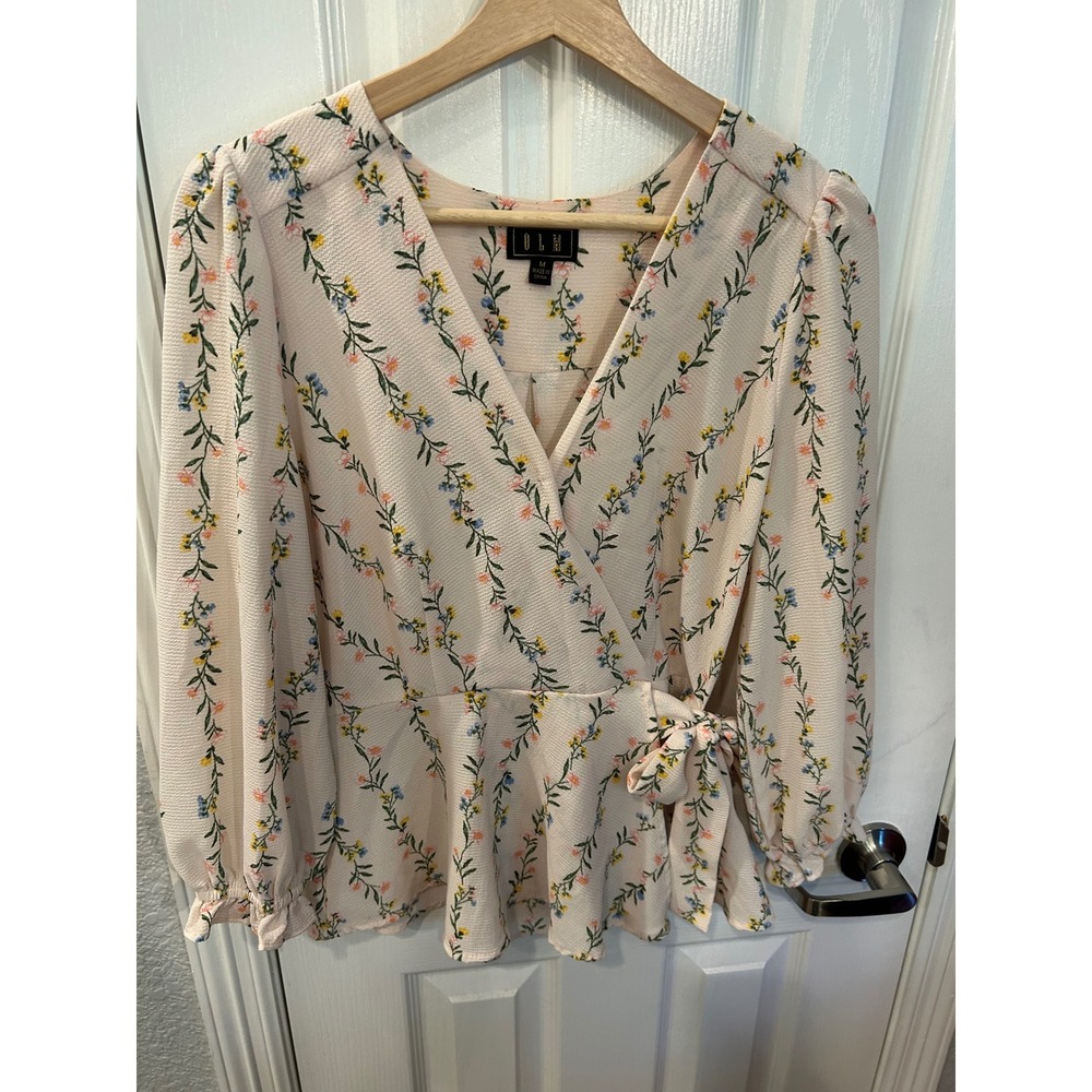 8LM Wrap Top Pink Floral Long Puff Sleeve Peplum Blouse MT5194787EOL